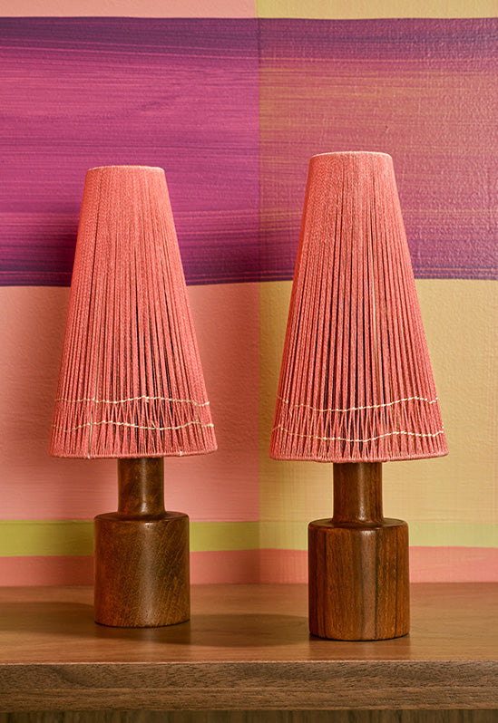Minimalist Danish Teak Wood and Pink Thread Shade Lamps