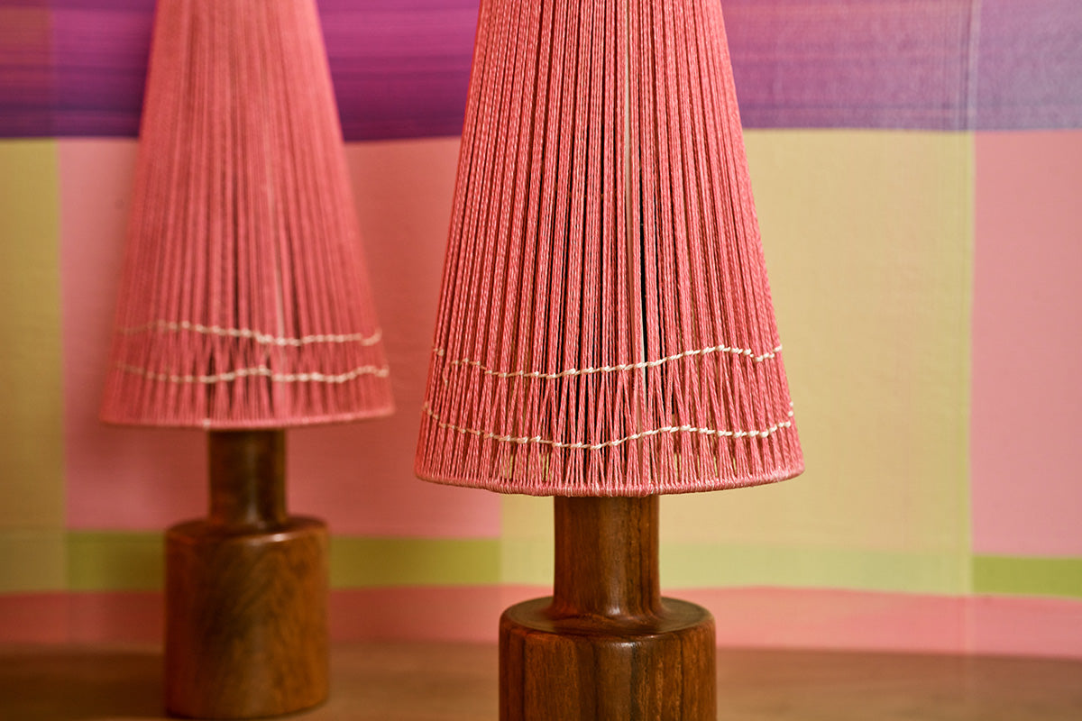 Minimalist Danish Teak Wood and Pink Thread Shade Lamps