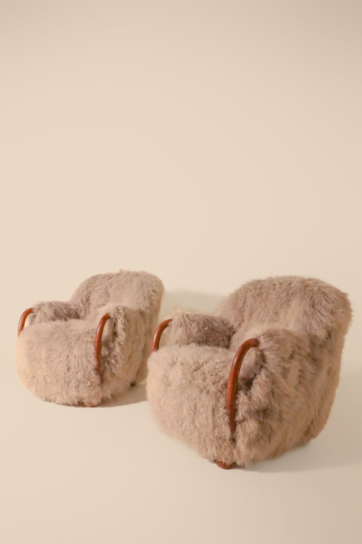 Attributed to Viggo Boesen, Pair of Lounge Chairs, Denmark, 1940s — Wood and Shearling