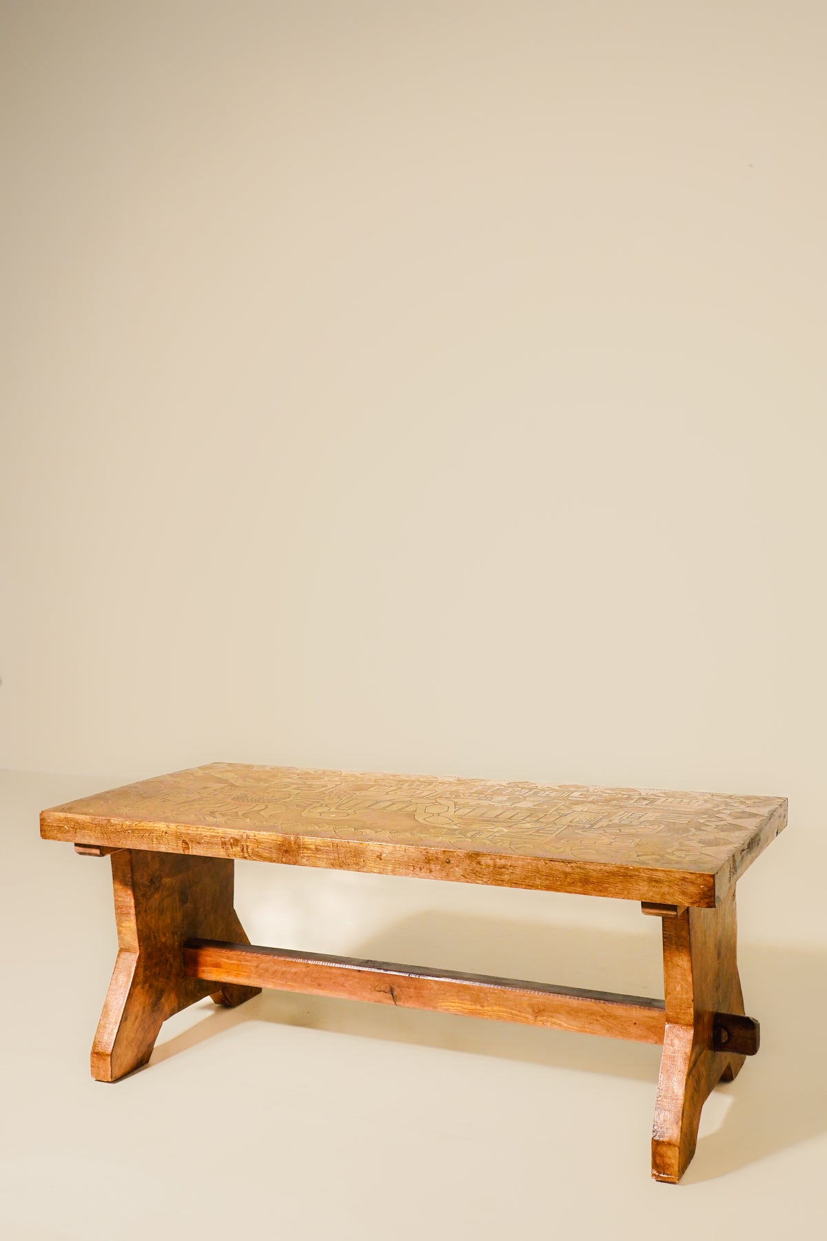 Oak and Embossed Copper Coffee Table — California, 1960s