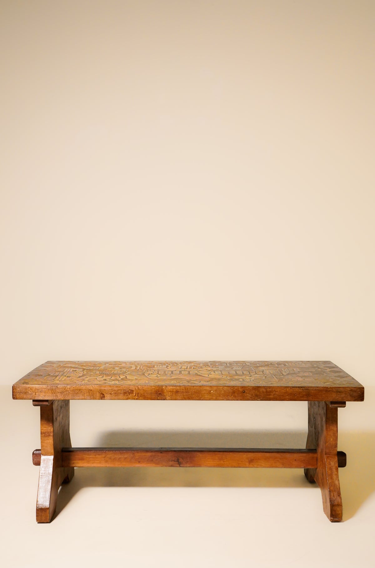 Oak and Embossed Copper Coffee Table — California, 1960s