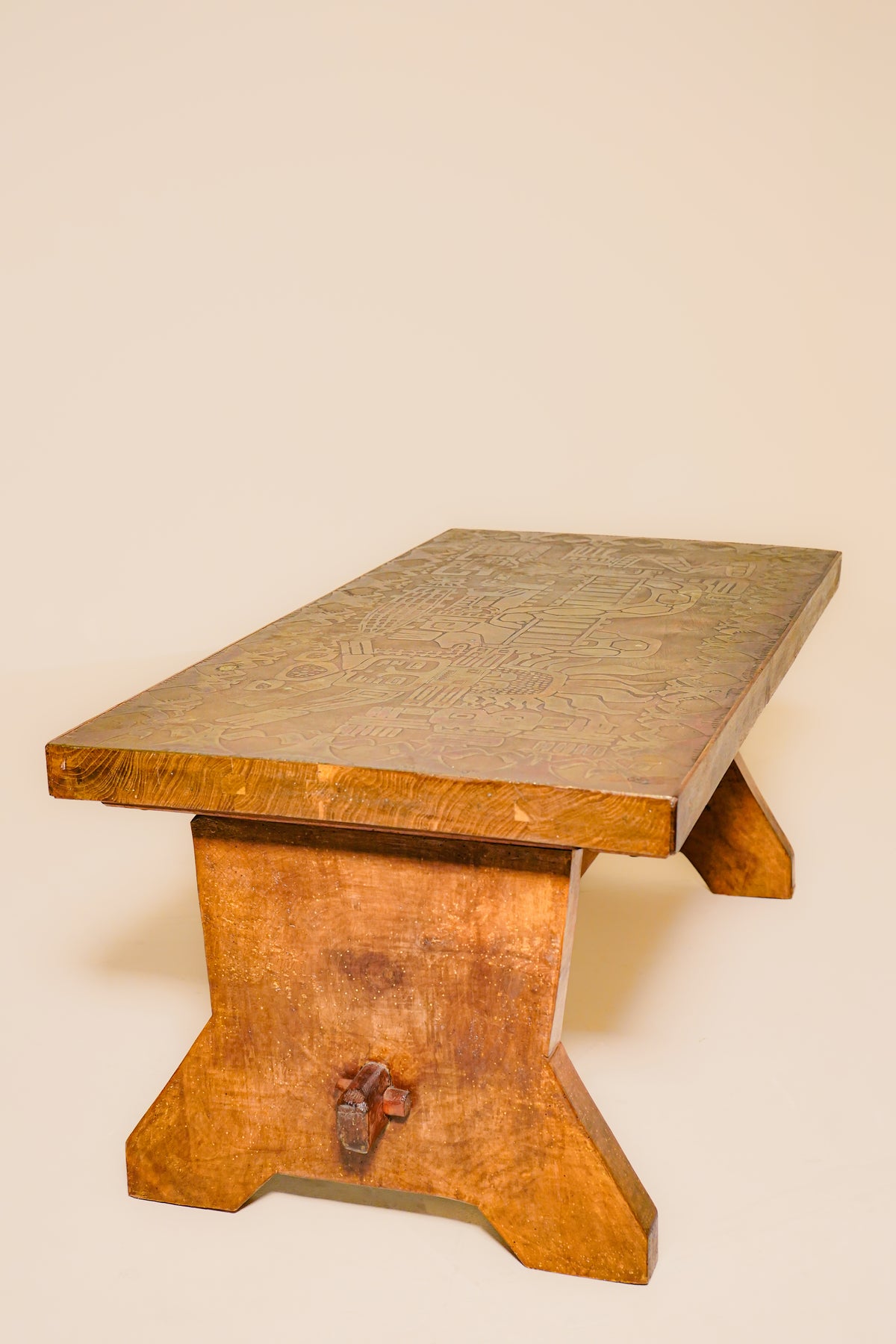 Oak and Embossed Copper Coffee Table — California, 1960s