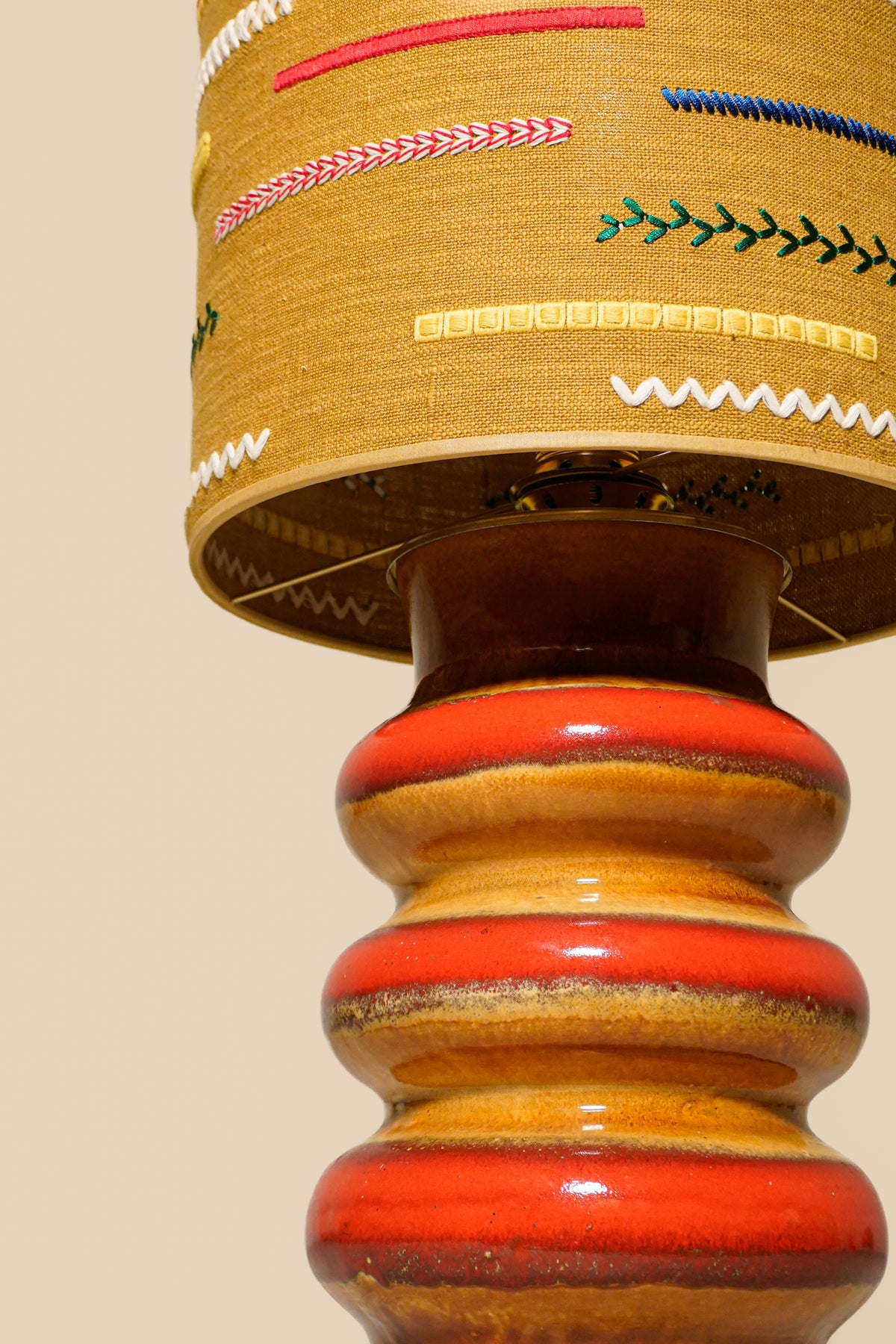 Pair of 1970s German Sculptural Ceramic Lamps with Custom René Houben Shades