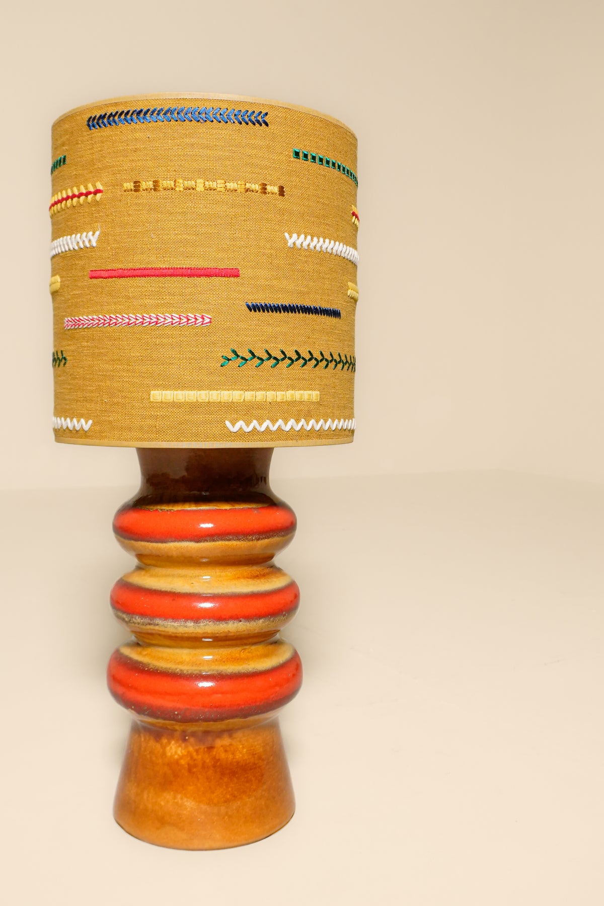 Pair of 1970s German Sculptural Ceramic Lamps with Custom René Houben Shades