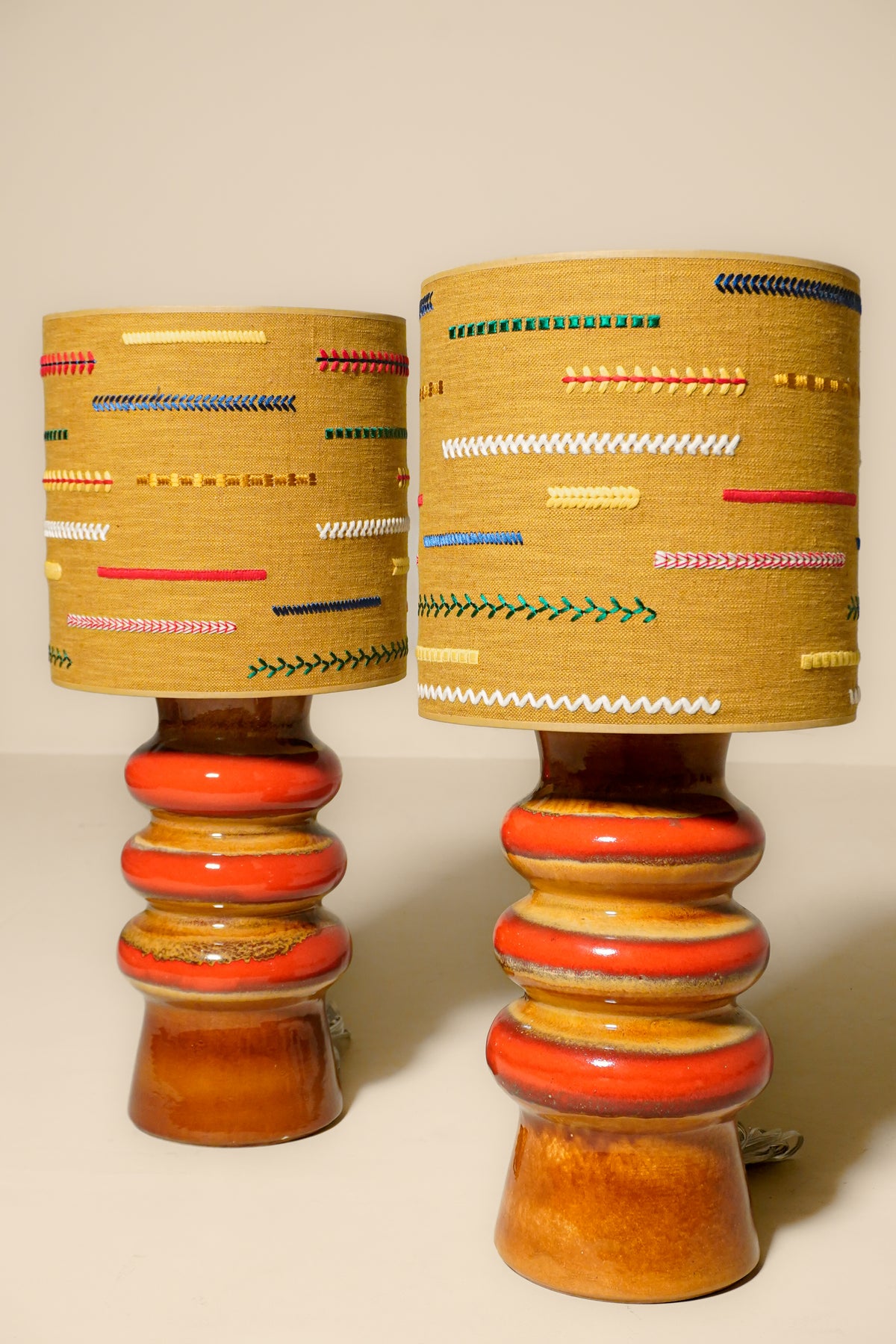 Pair of 1970s German Sculptural Ceramic Lamps with Custom René Houben Shades