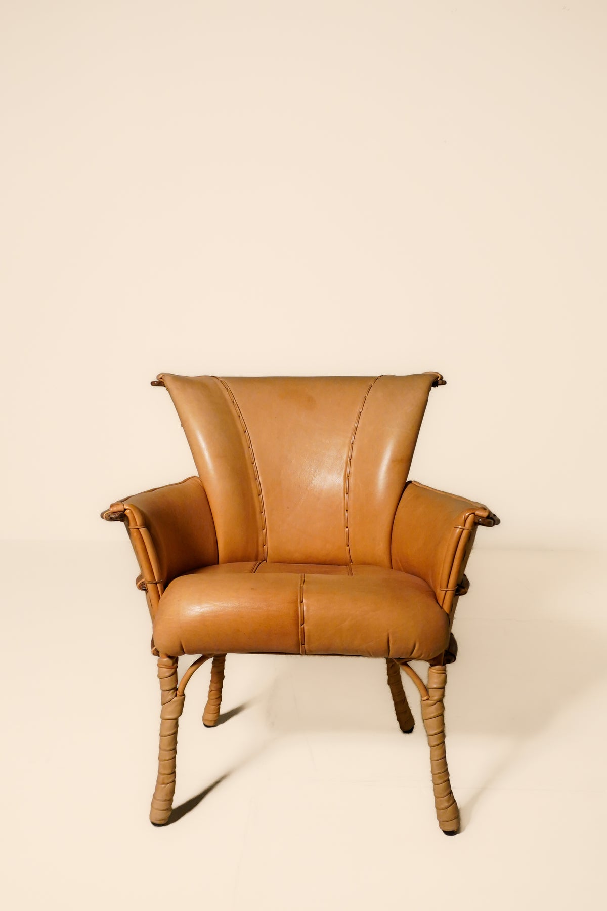 Pair of Vintage Pacific Green Navajo Tan Leather & Palmwood Arm Chairs
