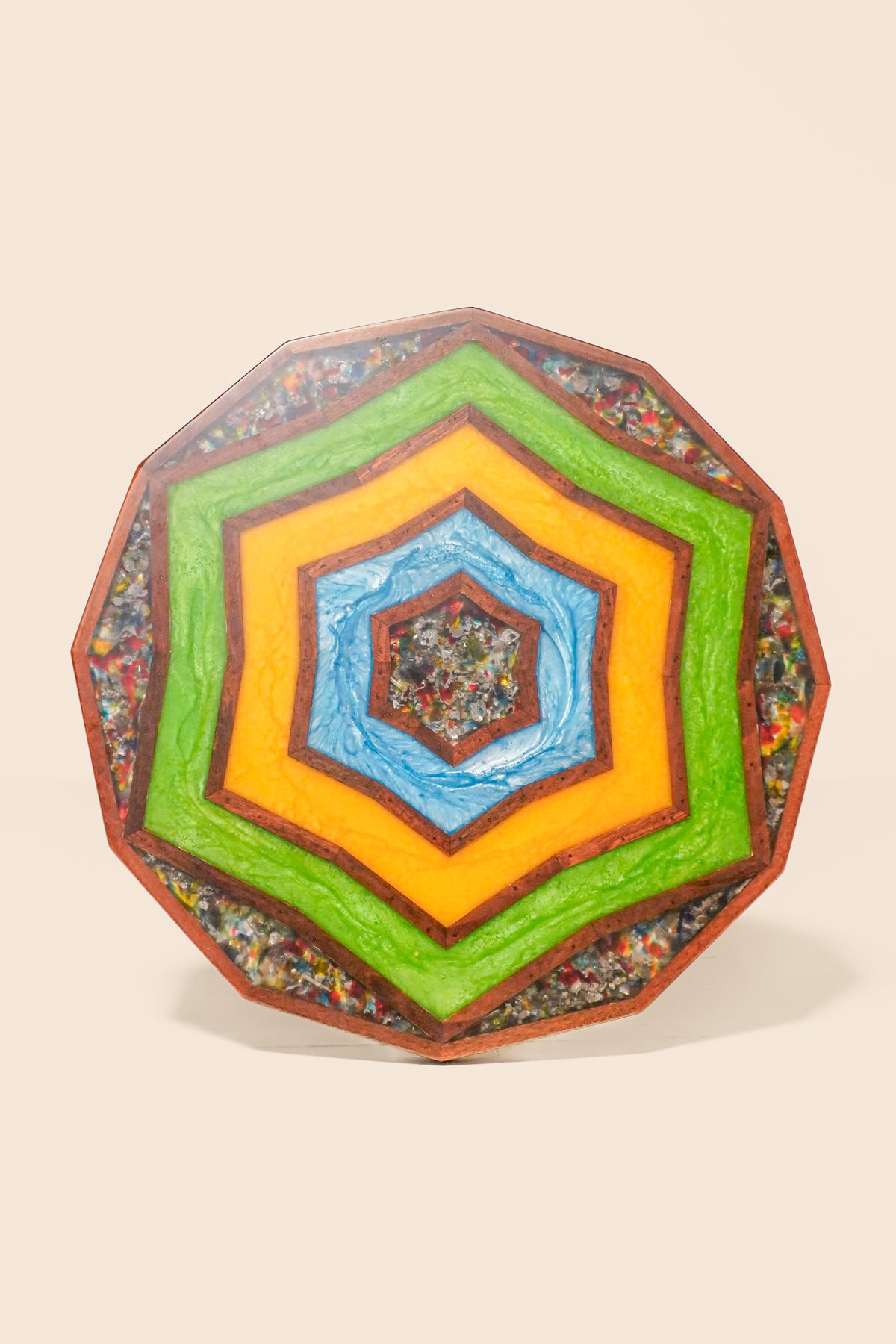 Studio-Made Geometric Resin and Wood Drink Table — 1970s/80s