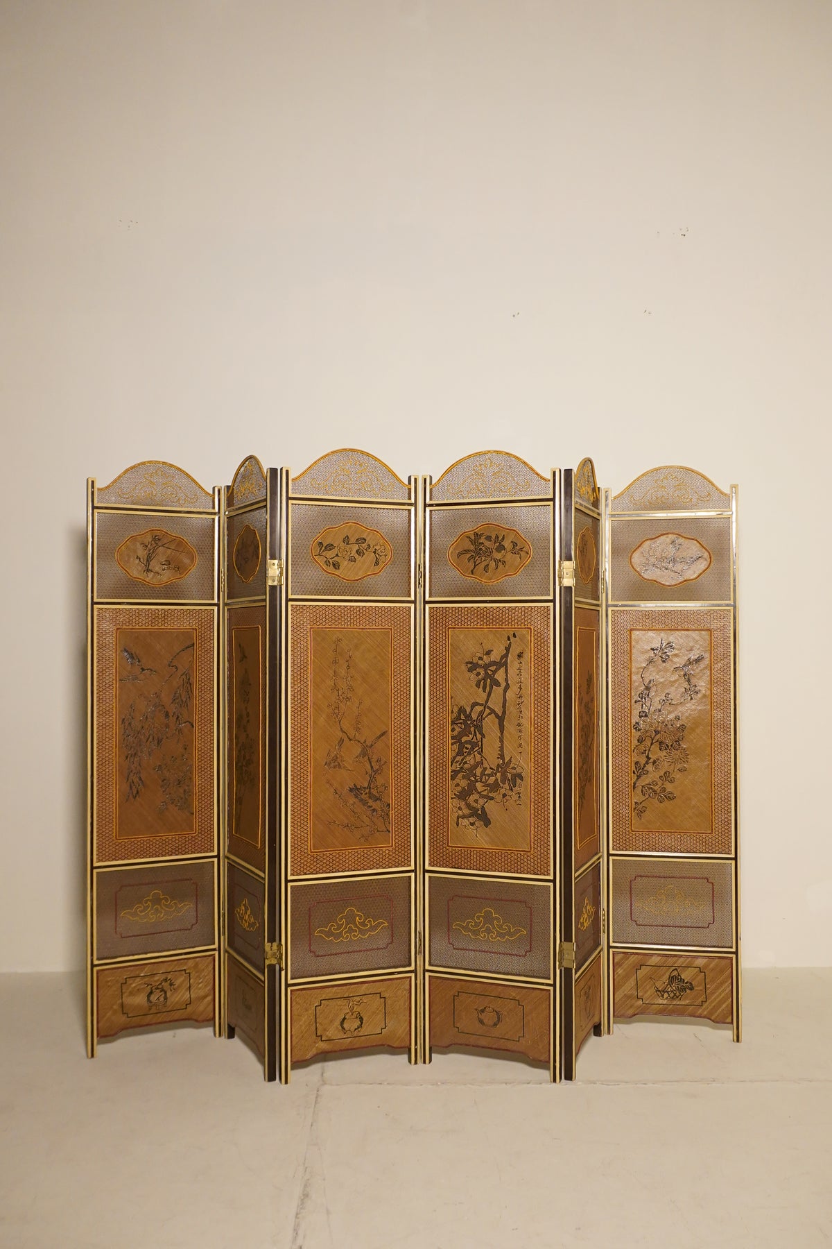 Handpainted Japanese Woven Six-Panel Screen