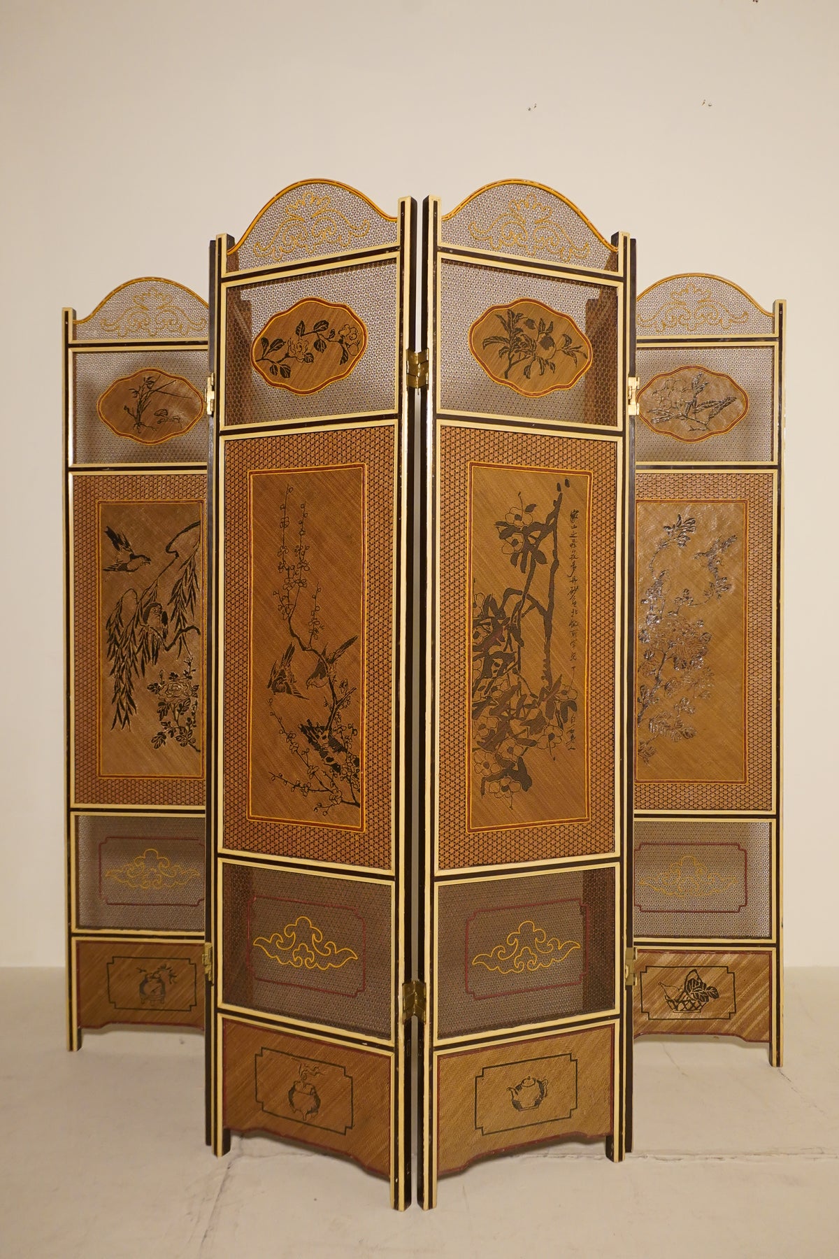 Handpainted Japanese Woven Six-Panel Screen