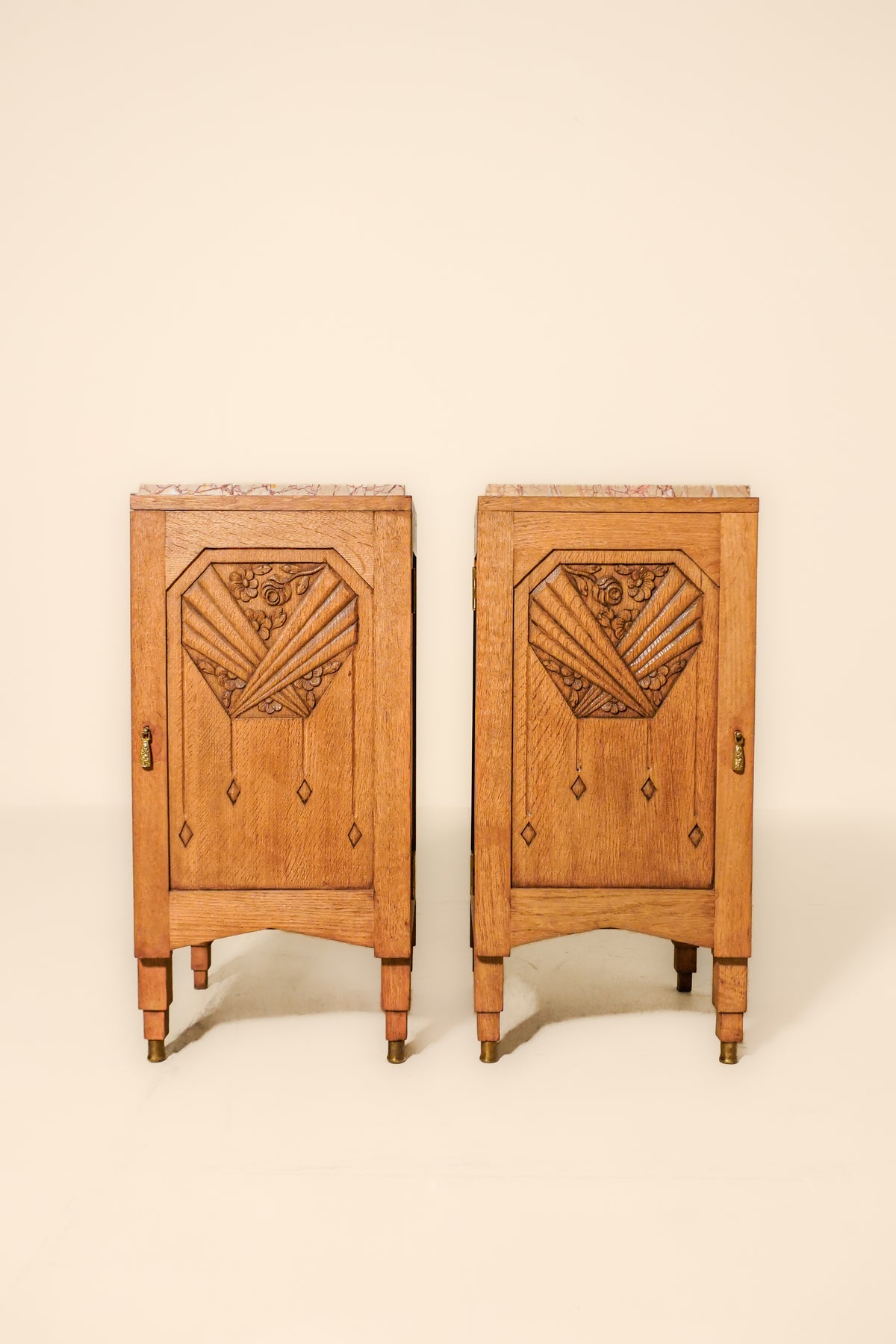 Pair of Art Nouveau Oak Side Tables with Marble Tops — France, circa 1910