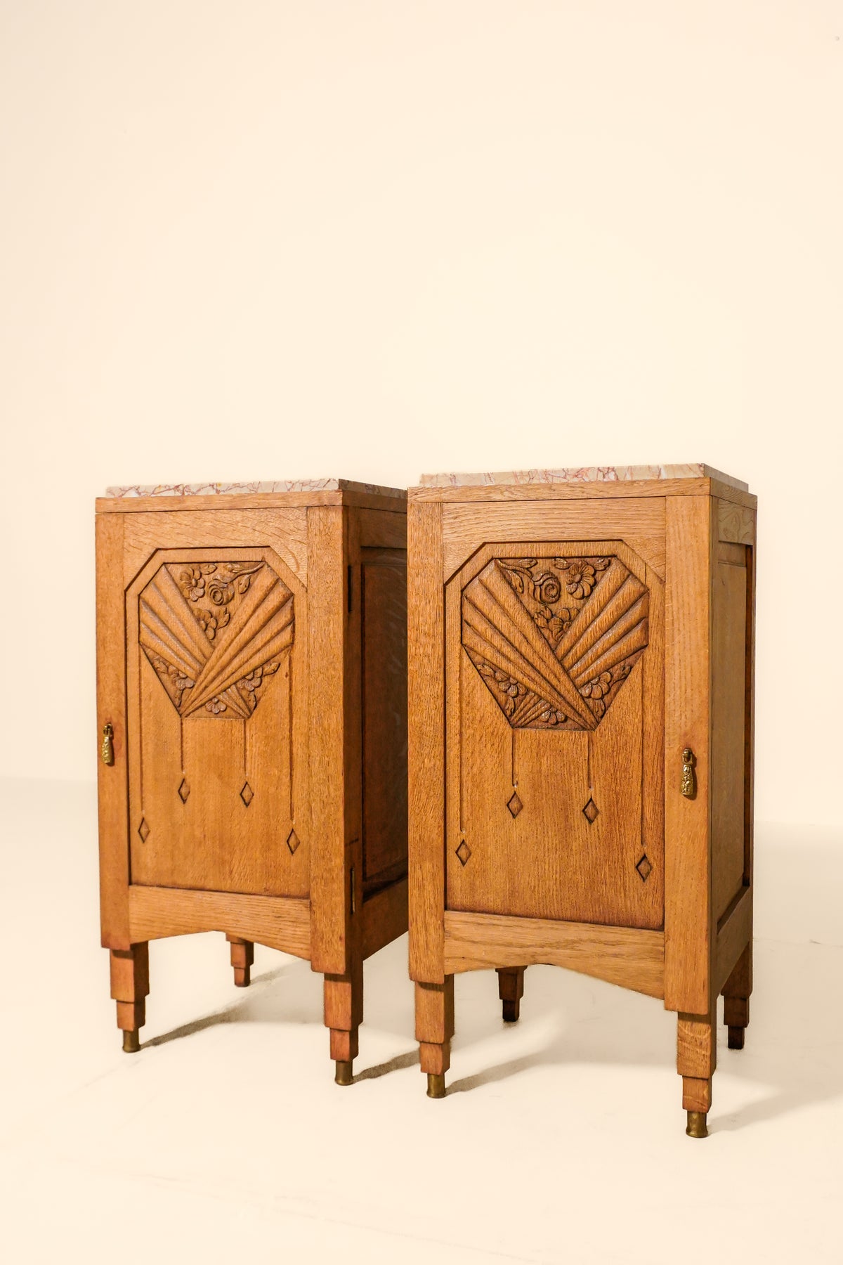 Pair of Art Nouveau Oak Side Tables with Marble Tops — France, circa 1910