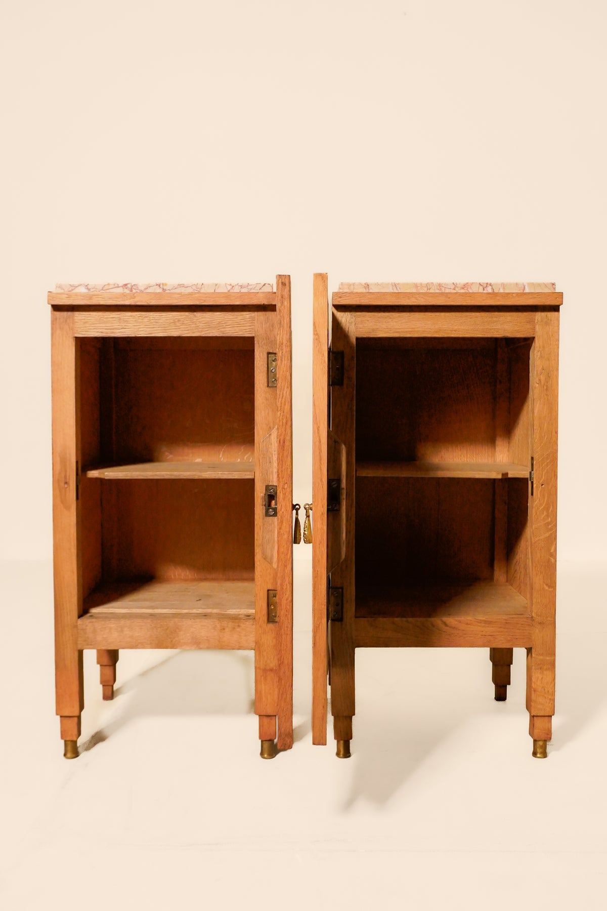 Pair of Art Nouveau Oak Side Tables with Marble Tops — France, circa 1910