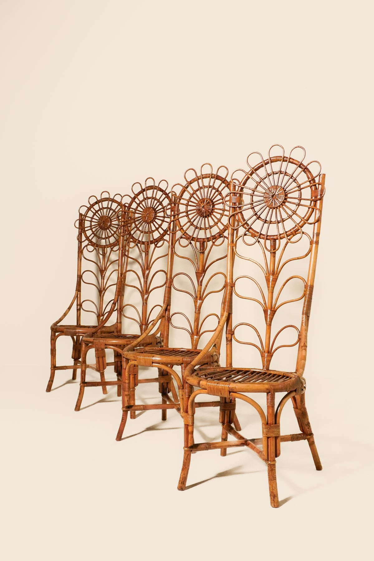 Set of Four Floral Rattan & Bamboo Chairs — France 1970s