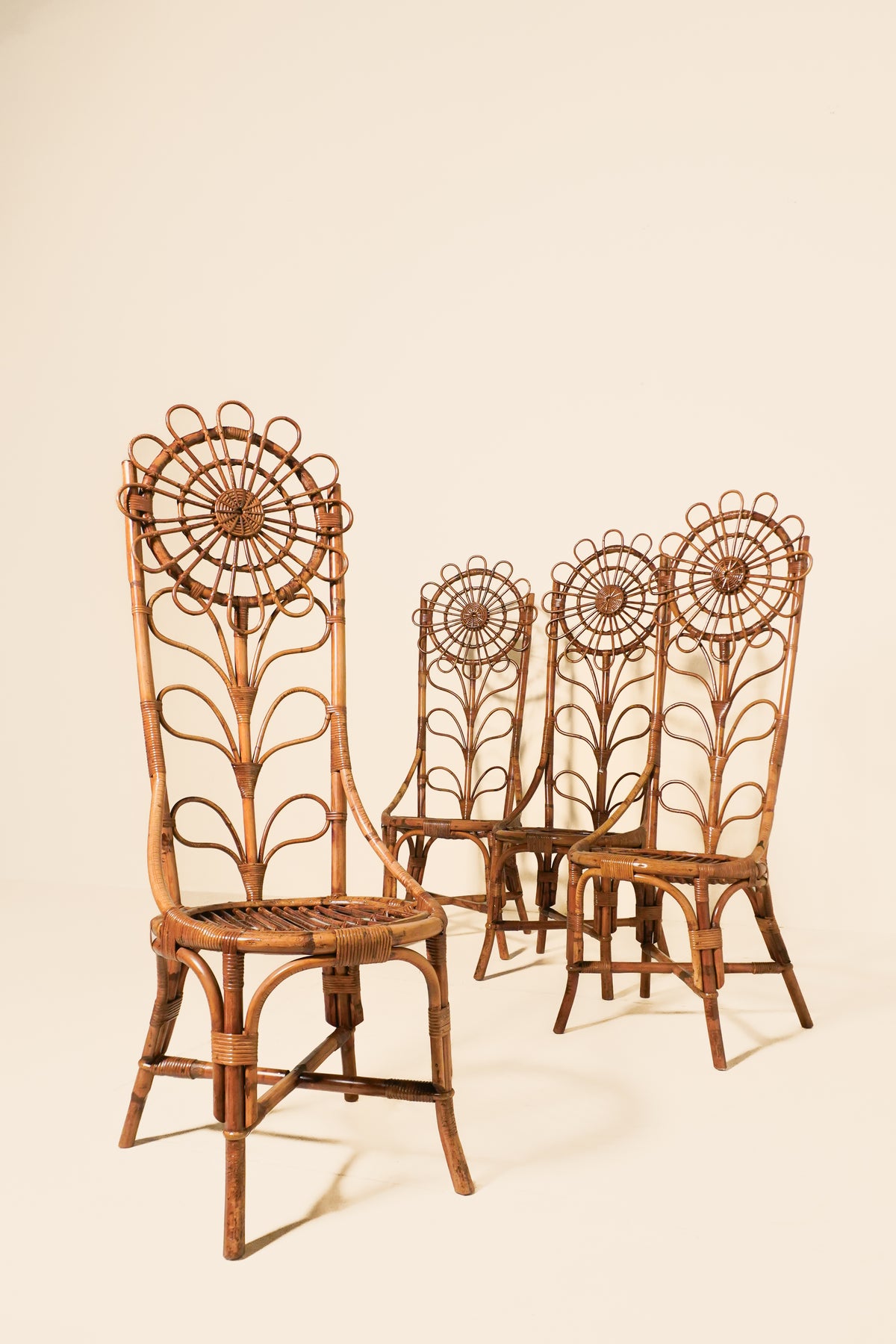Set of Four Floral Rattan & Bamboo Chairs — France 1970s