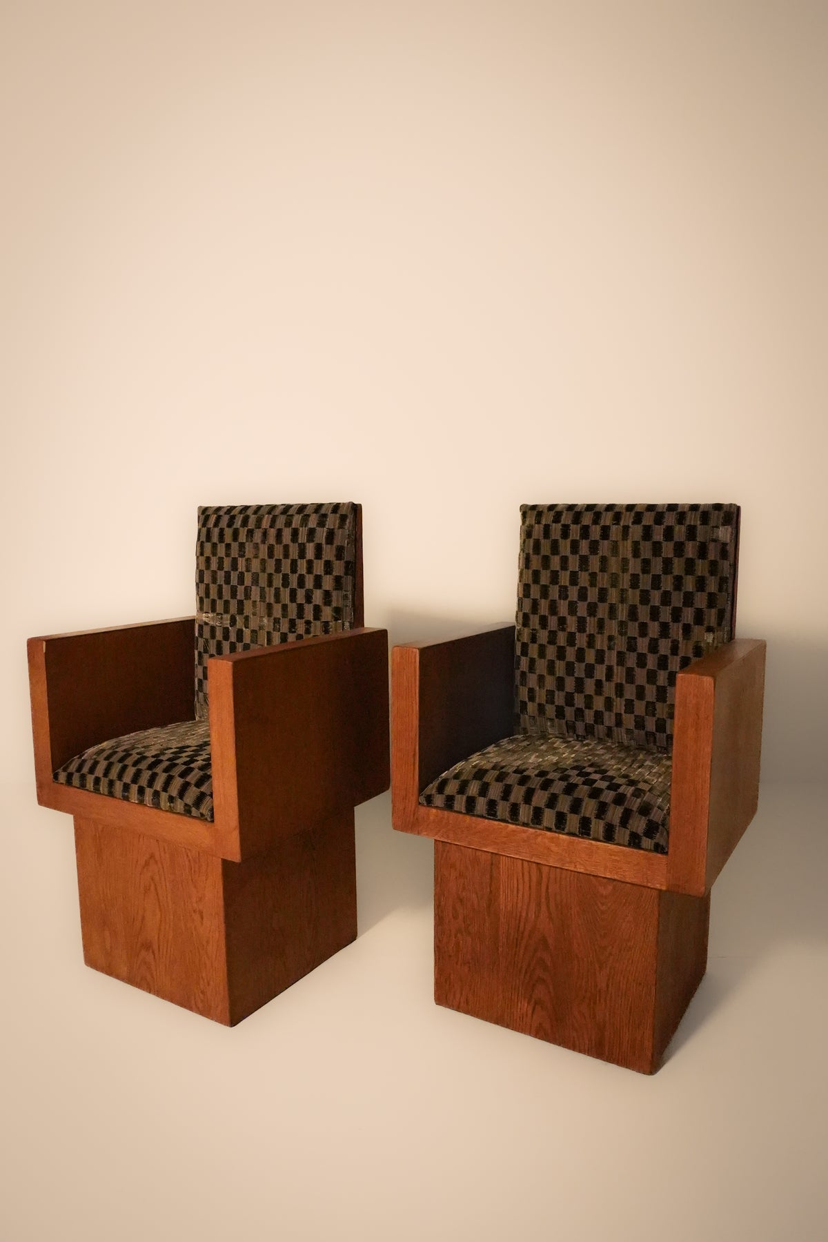 Pair of Upholstered Art Deco Block Chairs