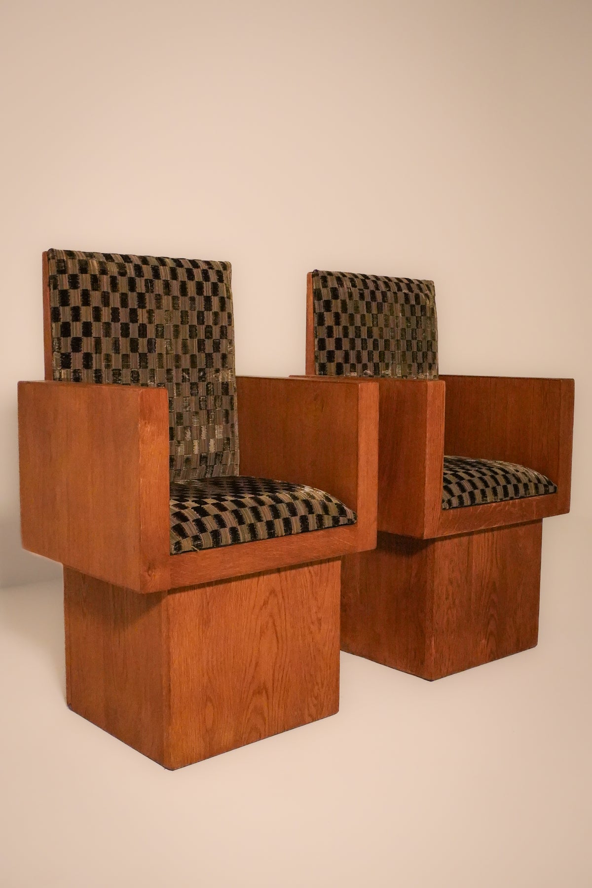 Pair of Upholstered Art Deco Block Chairs