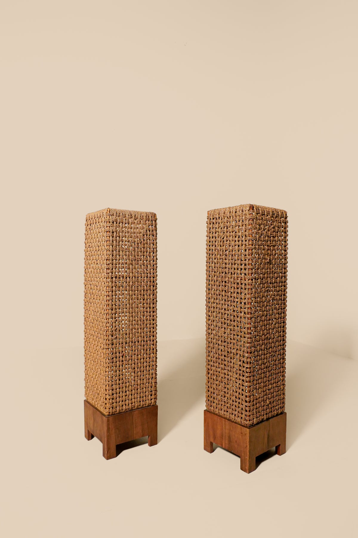 Pair of French Mid-Century Woven Column Lamps